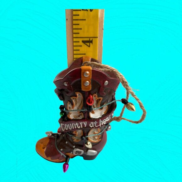 Country At Heart Cowboy Boot Christmas Ornament Ceramic Decorated W/ Tiny Lights - Picture 7 of 7